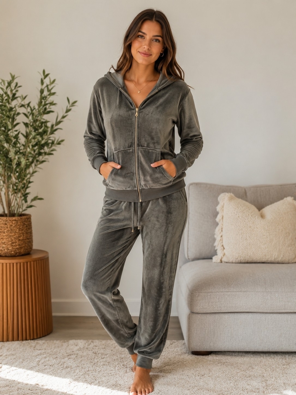 Felina Olive Green Velour Zip Hoodie & Jogger Set